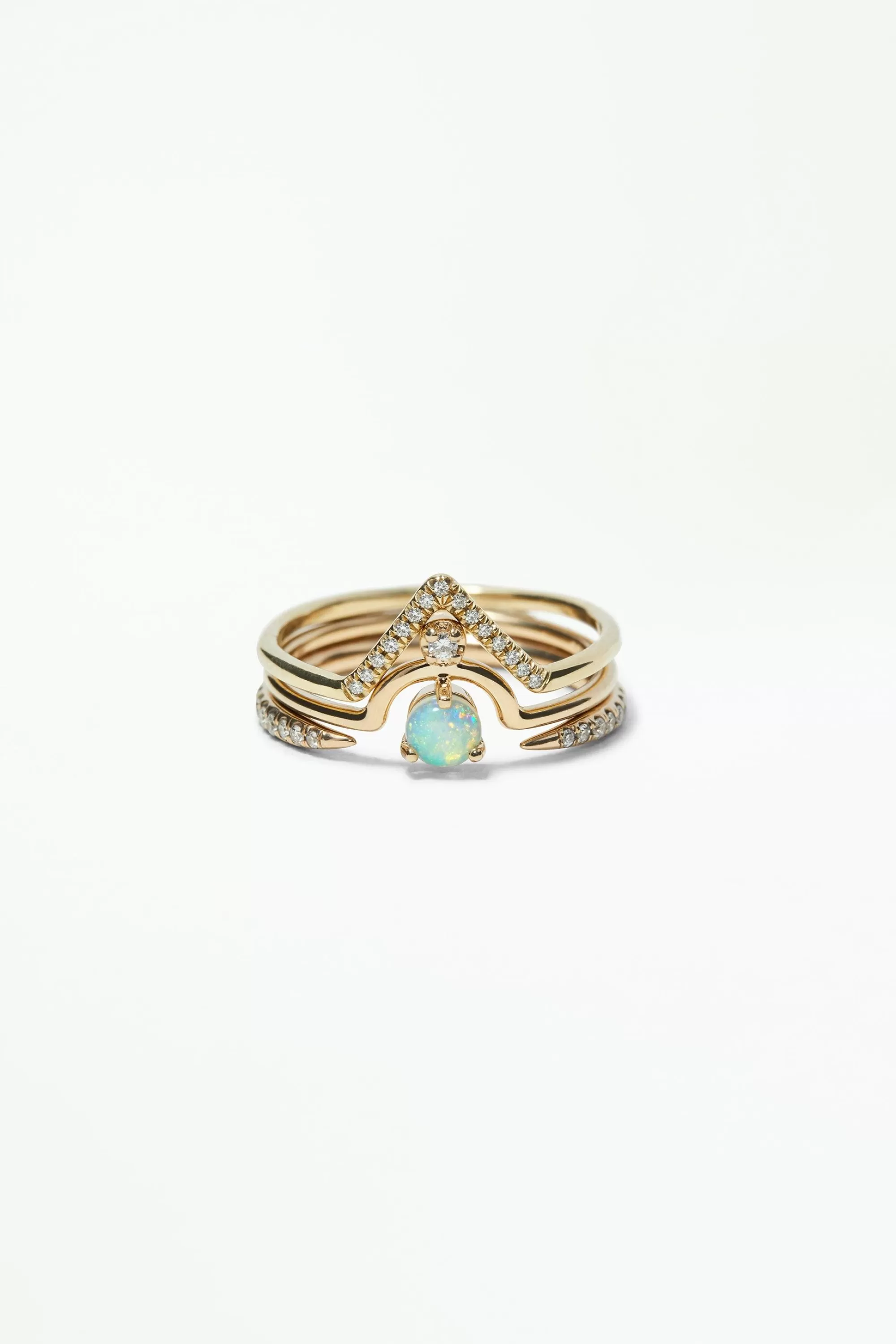 Hot Micropave Triangle, Micropave Open Slice, And Nestled Opal Diamond Pairing Rings