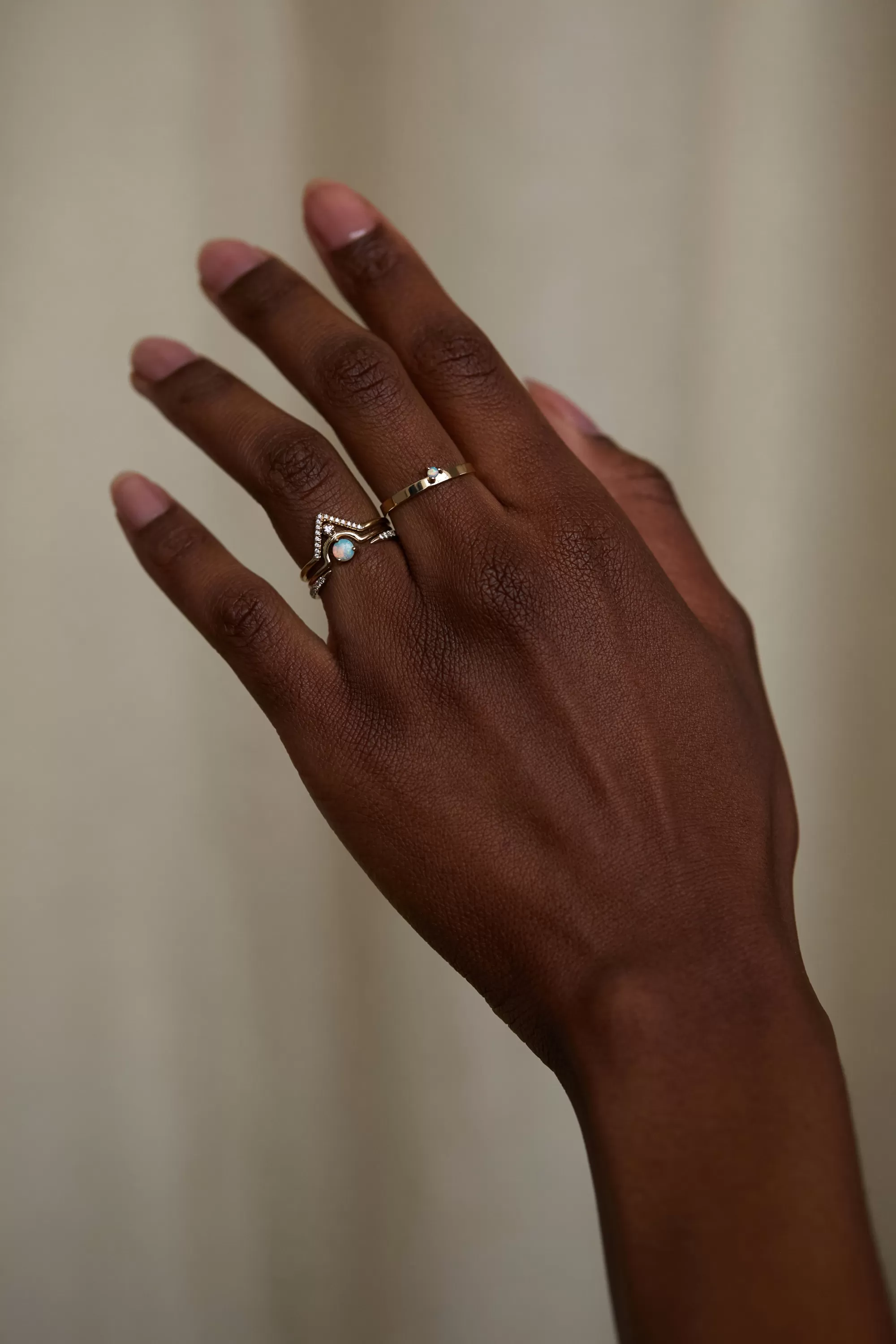 Hot Micropave Triangle, Micropave Open Slice, And Nestled Opal Diamond Pairing Rings
